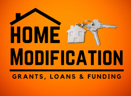 Bright orange background with the text: Home Modification. Grants, Loans and Funding. Image of a set of house keys.