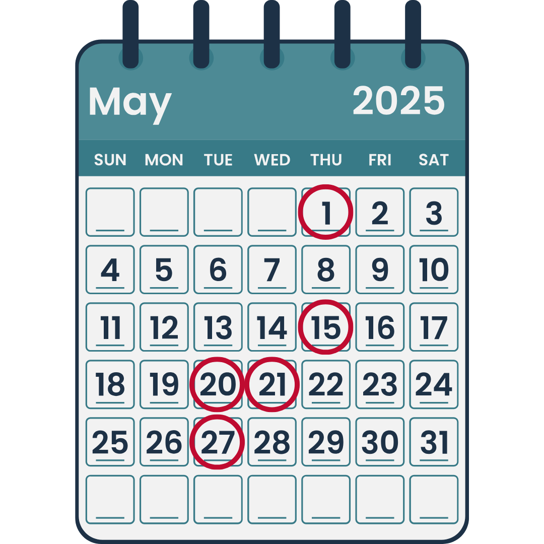 May 2025 Calendar with the webinar dates circled in red