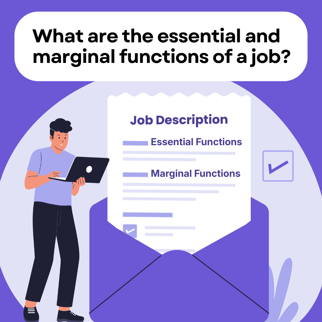 Illustration of a person reviewing a job description on a laptop. The job description shows a section labeled "Essential Functions" and another labelled "Marginal Functions." 
