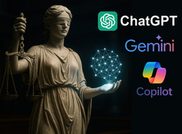 Blind justice statue holds the scales of justice in one hand and glowing interconnected lines representing technology and AI in the other. Logos: Chat GPT. Gemini. Copilot.
