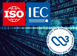 Logos for ISO/IEC and the Worldwide Web Consortium over a background displaying strings of binary code.