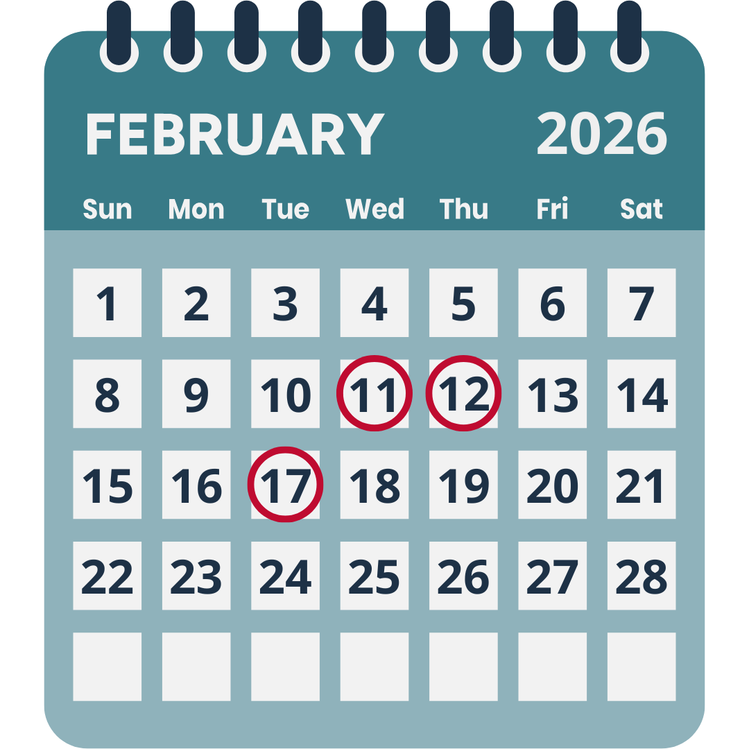 February 2026 Calendar with the webinar dates circled in red