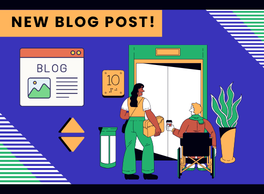 Graphics of two people waiting outside an elevator, one in a wheelchair