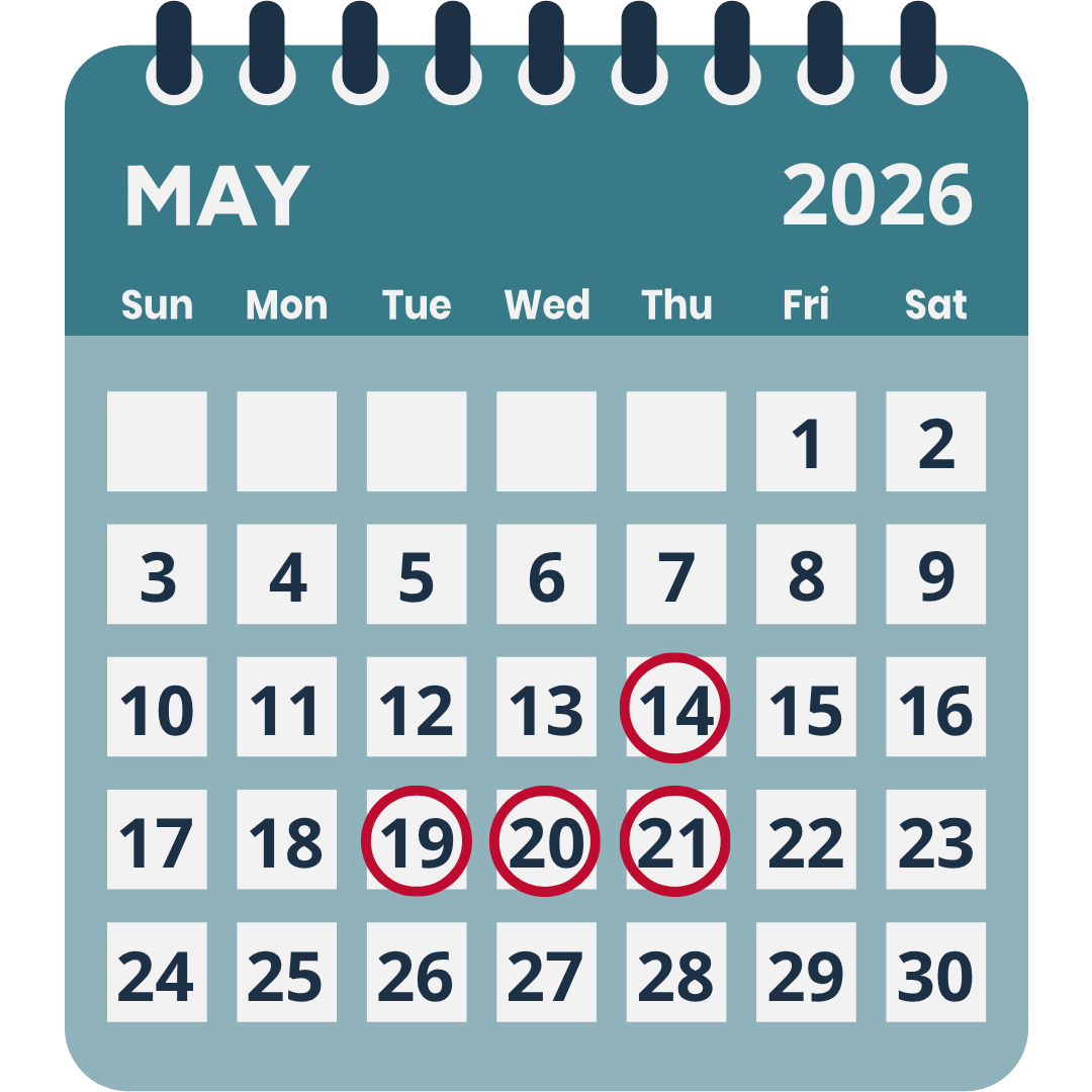 May 2026 Calendar with the webinar dates circled in red.