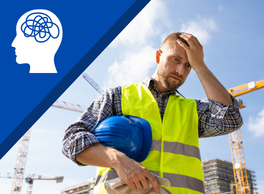 A construction worker holds his head in his hand next to a symbol of tangled wires in someone's head, symbolizing a mental health concern.