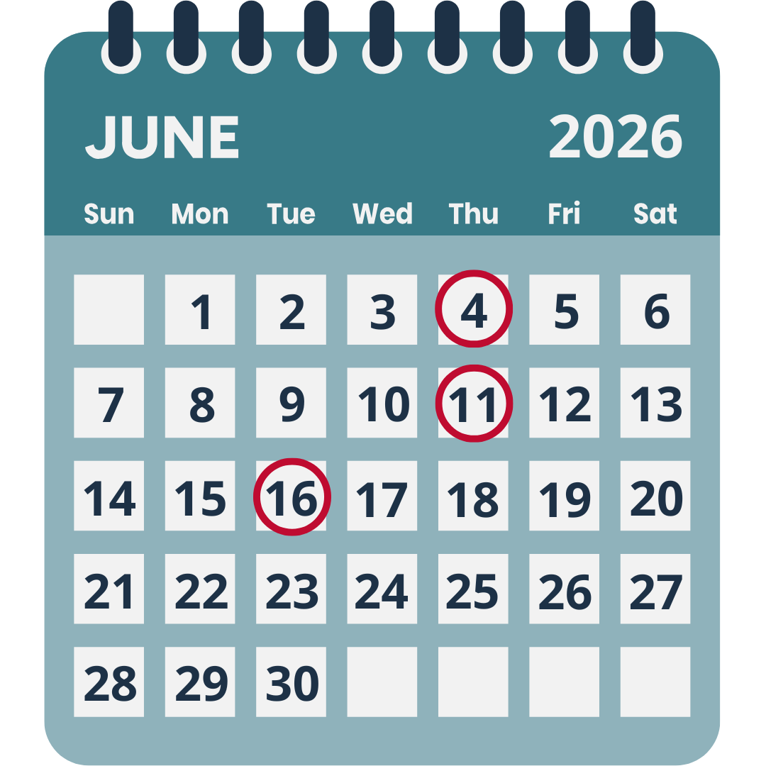 June 2026 Calendar with the webinar dates circled in red.