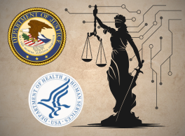 Official seals for the DOJ and HHS next to a silhouette of Lady Justice. The background features digital circuitry. 