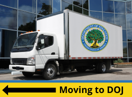 Official Seal for the U.S. Department of Education on the side of a moving truck. Caption next to an arrow reads: Moving to DOJ