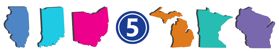 Banner showing Region Number 5 in the middle and colorful silhouettes of all six states in the region, 3 on either side from left to right: Illinois, Indiana, Ohio, Michigan, Minnesota, and Wisconsin