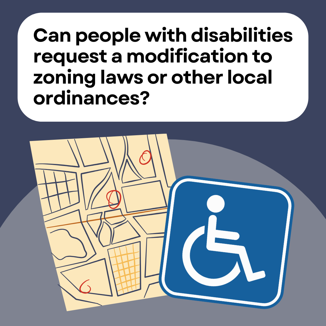 Illustration of a neighborhood zoning map with red circles drawn on it next to a blue and white sign featuring the International Symbol of Accessibility.